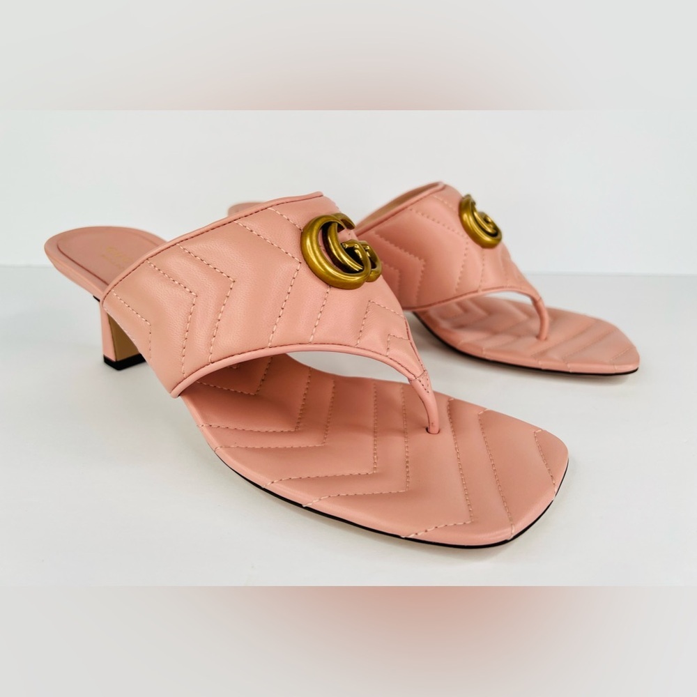Gucci Marmont Double G Chevron GG Logo Pink Thong Mule Kitten Sandals Size EU 40 - Picture 11 of 11